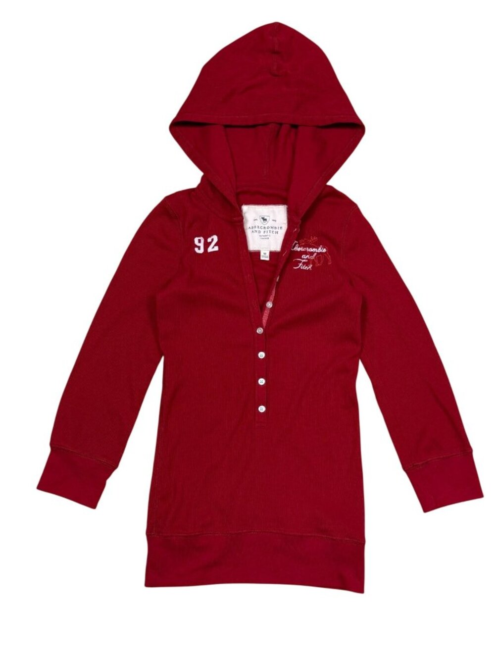 Y2K Abercrombie & Fitch Red Hooded Henley Micro Ribbed Stretchy Pullover Size Me